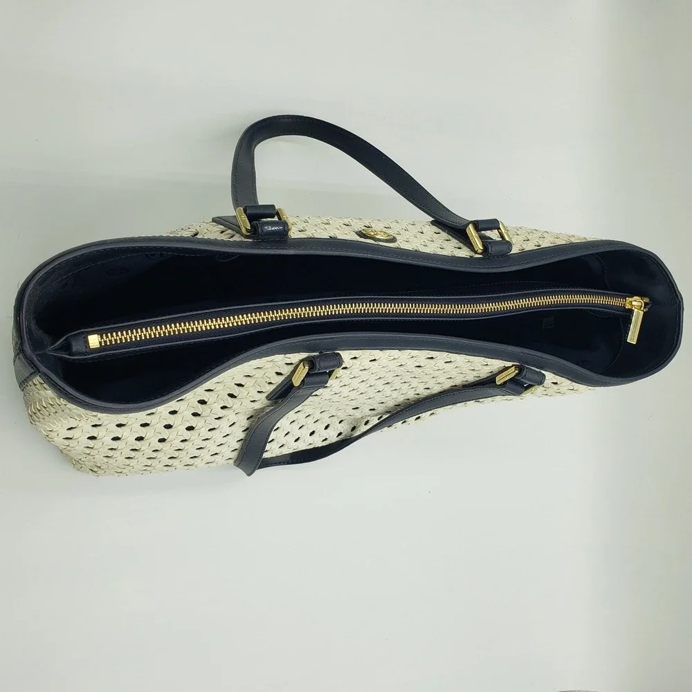 Tory Burch Robinson Basket Weave Tote Bag Woven Leather Cream Navy Blue Purse